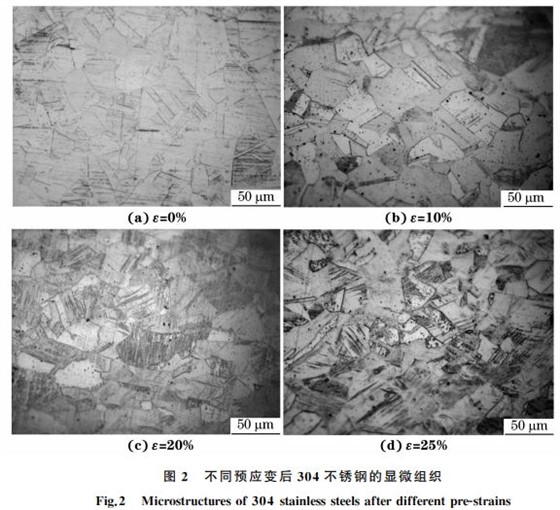 圖2 不同預(yù)應(yīng)變后304不銹鋼的顯微組織 圖2 不同預(yù)應(yīng)變后304不銹鋼的顯微組織