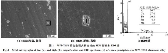 圖１ ７０７５ＧT６５１鋁合金粗大析出相的SEM 形貌和 EDS譜